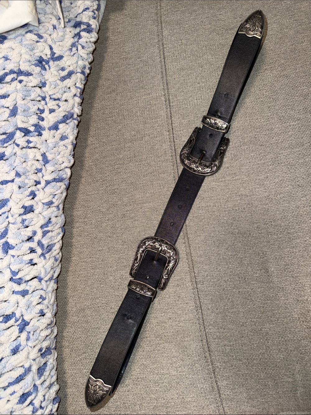 Leather Western Belt with Ornate Silver Buckles